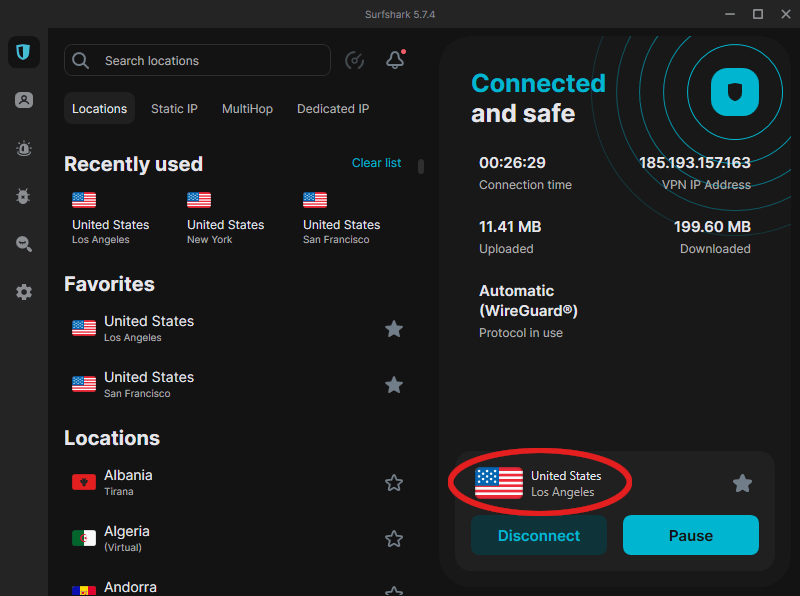 Surfshark connected to Los Angeles
