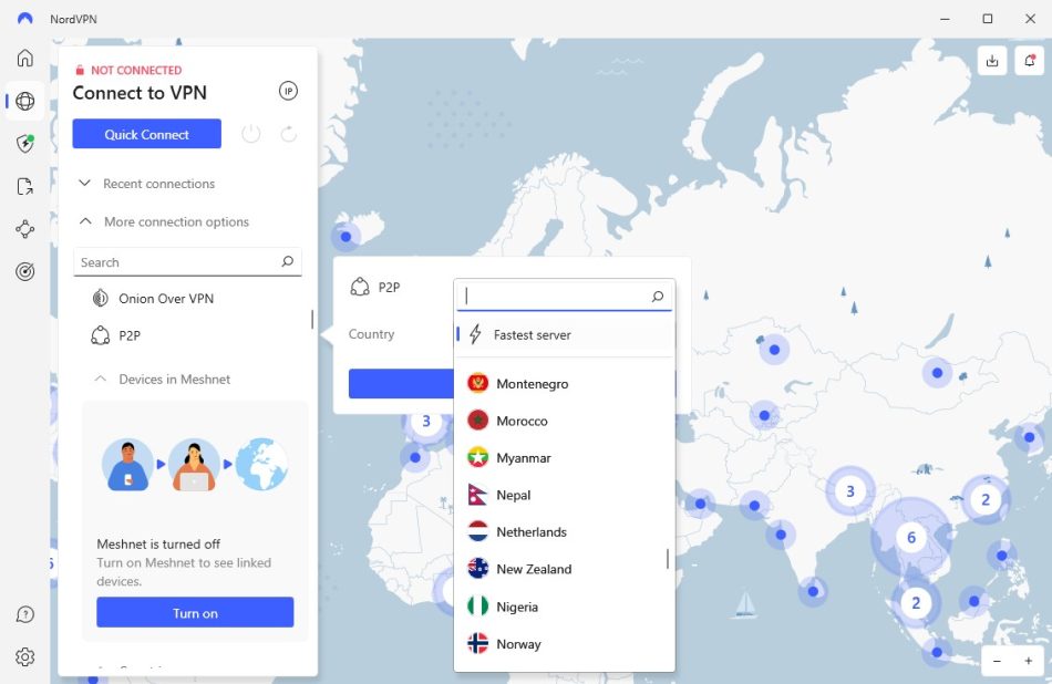 Screenshot of NordVPN's Windows app showing its P2P-optimized VPN servers