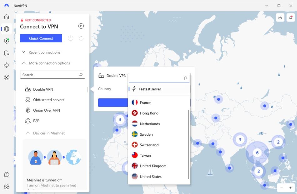 Screenshot of NordVPN's Windows app showing its Double VPN servers