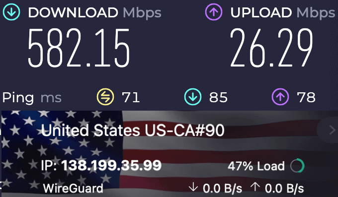 Screenshot of a speed test with Proton VPN connected to a Los Angeles server