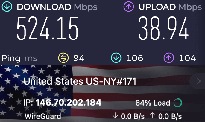 Screenshot of a speed test with Proton VPN connected to a New York server