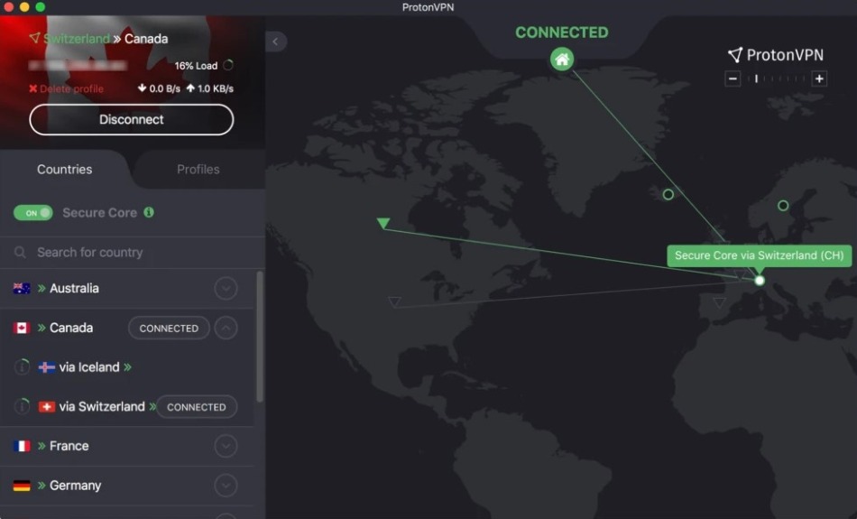 Screenhot of Proton VPN's macOS app interface showing a connected Secure Core server