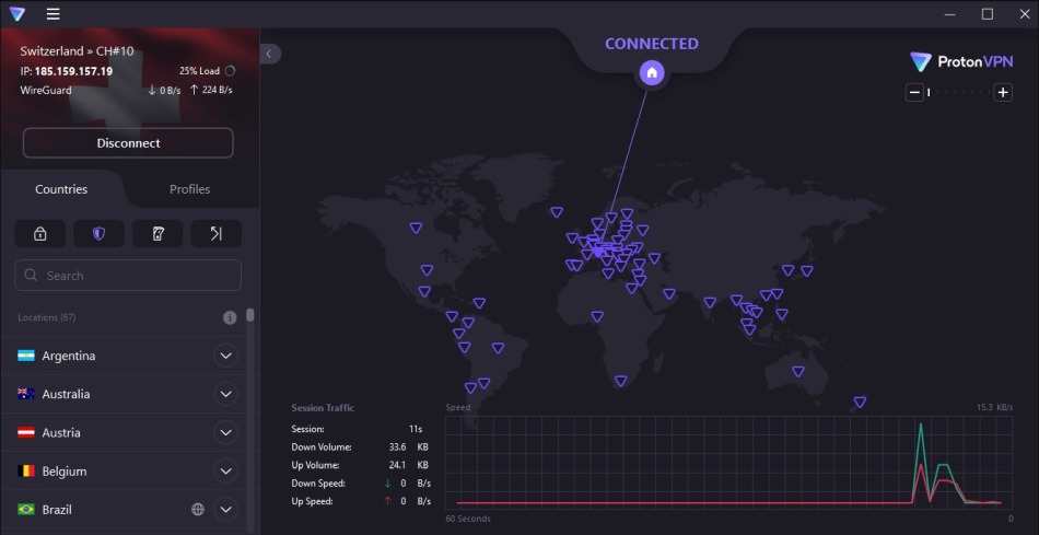 Screenshot of Proton VPN's Windows app connected to a Swiss server