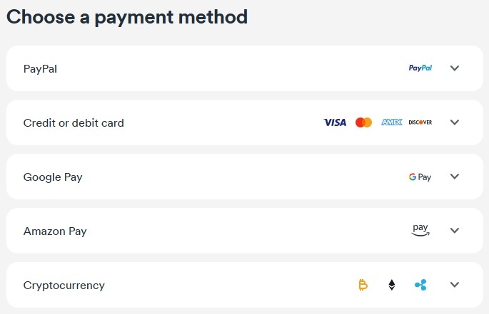 Screenshot showing payment methods available for subscribing to Surfshark