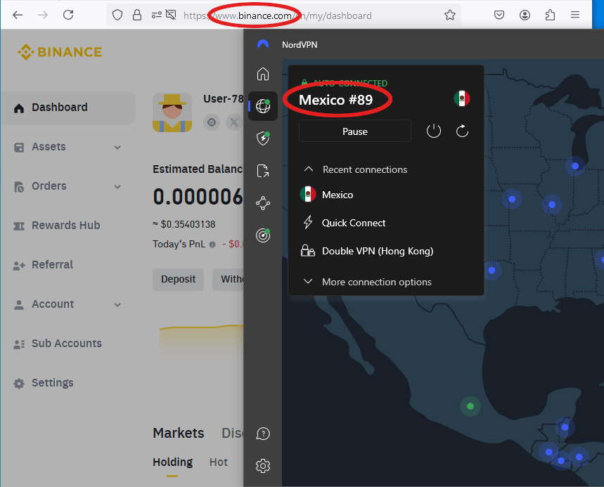 NordVPN connected to Binance.com through a Mexico VPN server