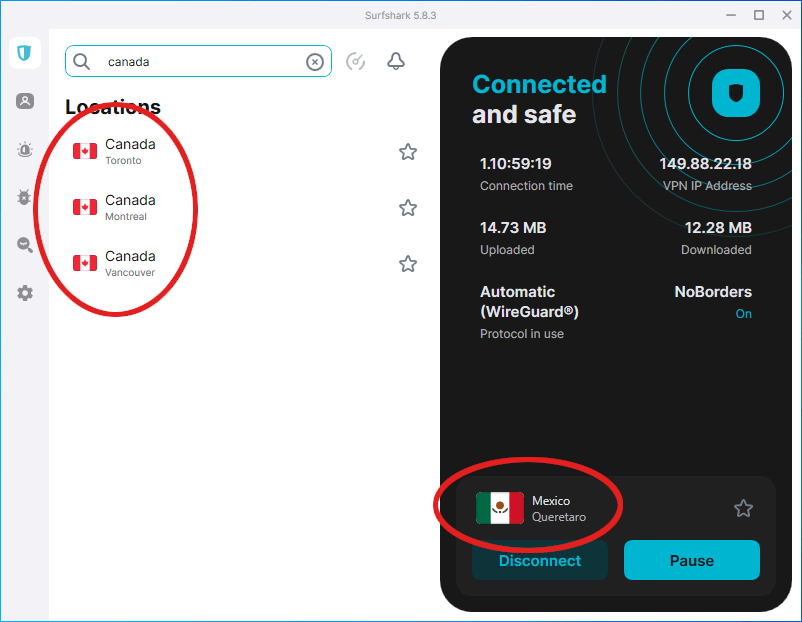 Surfshark has servers in Canada and Mexico