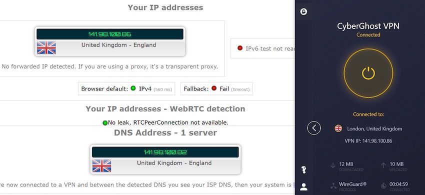 Screenshot of CyberGhost VPN's leak test results