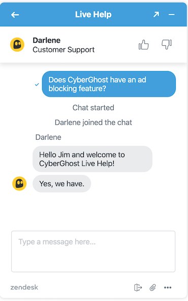 Screenshot of CyberGhost VPN's live chat support