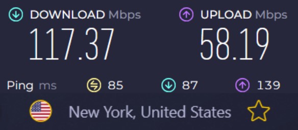 Screenshot of a speed test with CyberGhost VPN connected to a New York server