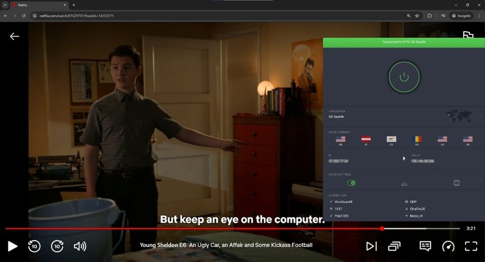 Screenshot of Netflix streaming Young Sheldon while connected to PIA's server in Seattle