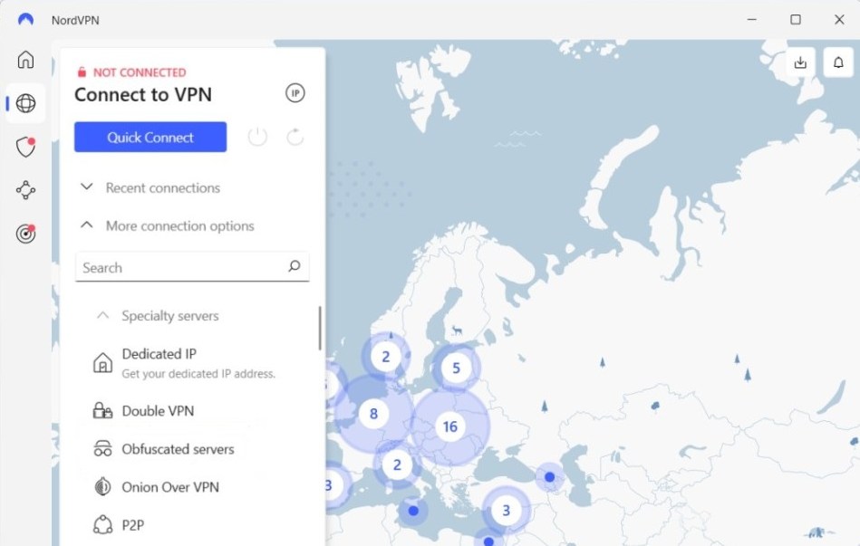 Screenshot of NordVPN's desktop app interface showing specialty servers