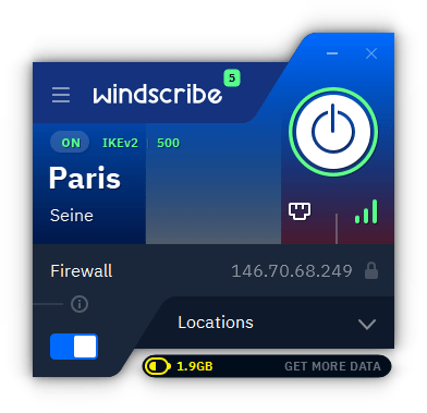 Screenshot of Windscribe Windows VPN app interface