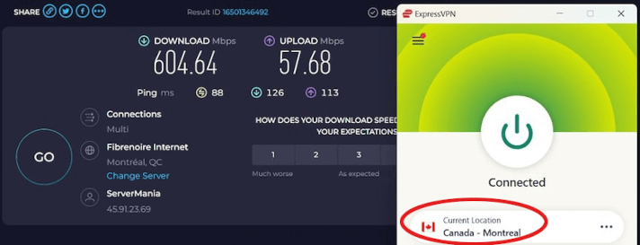 ExpressVPN Montreal speed test result