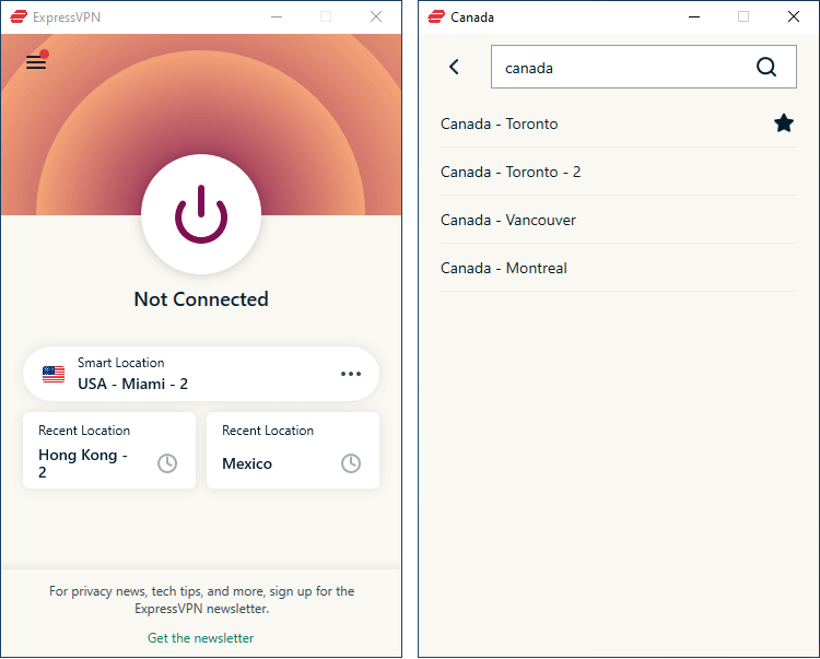 ExpressVPN selecting one of its Canadian locations