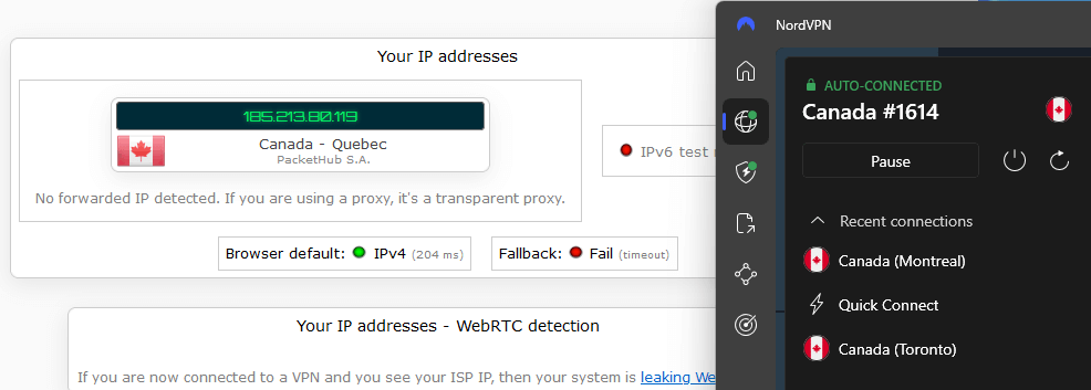 NordVPN Montreal leak test