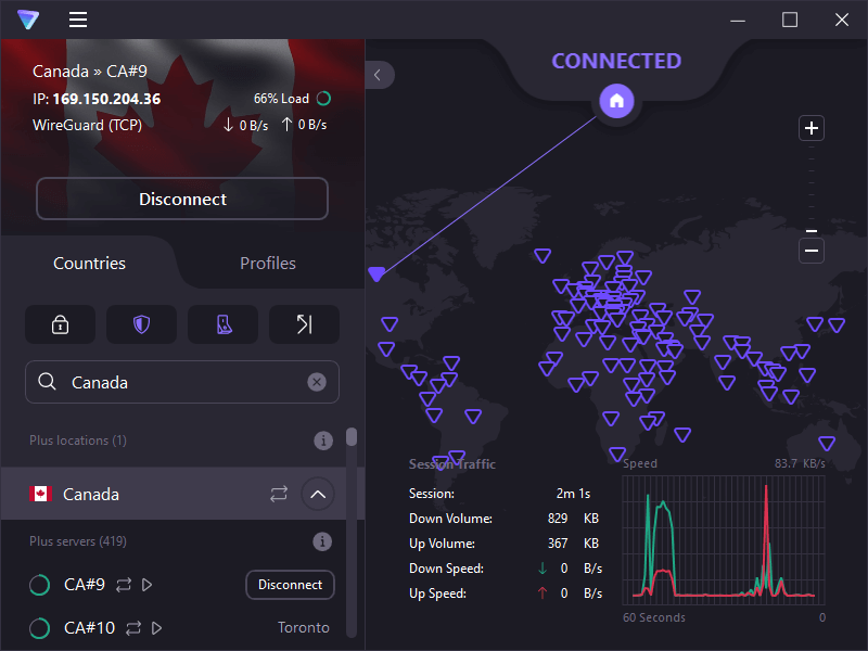 Proton VPN connected to Toronto