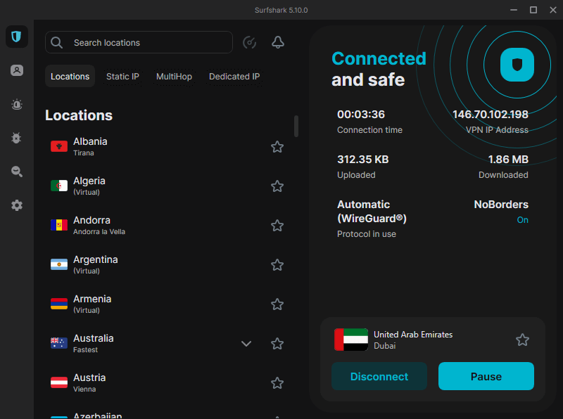 Surfshark connected to an UAE server