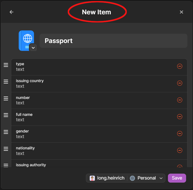 1Password Adding an Item Form