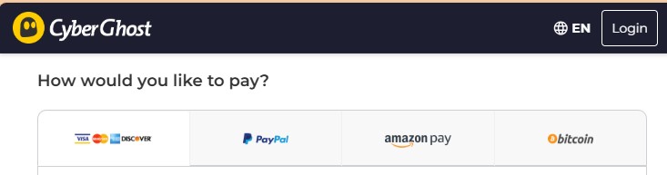 Screenshot of CyberGhost's payment options