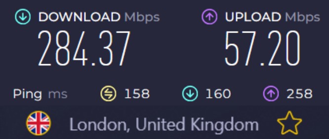 Screenshot of a speed test with CyberGhost connected to a London server