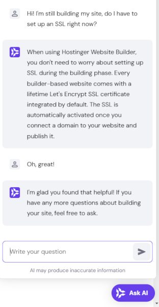 Hostinger AI chat help