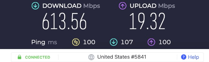 Screenshot of a speed test with NordVPN connected to a Seattle server