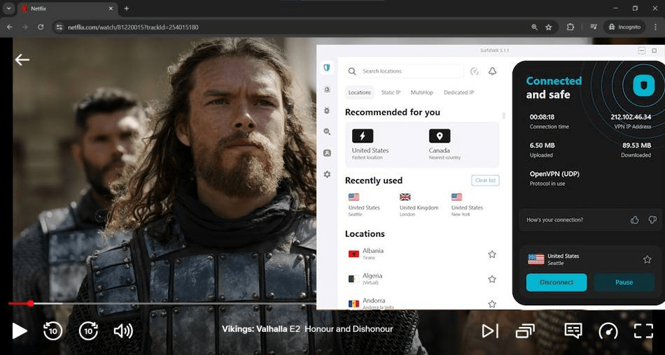 Screenshot of Netflix streaming Vikings Valhalla Season 3 with Surfshark connected to a Seattle server