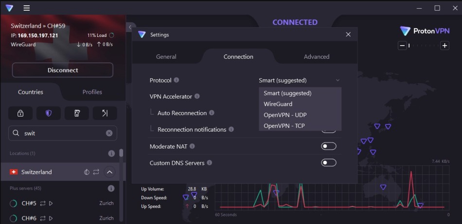 Screenhot of Proton VPN's Windows app showing connection settings