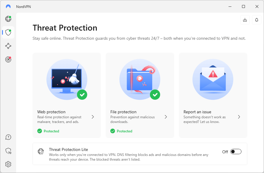 Screenshot of NordVPN's Windows app showing the Threat Protection feature