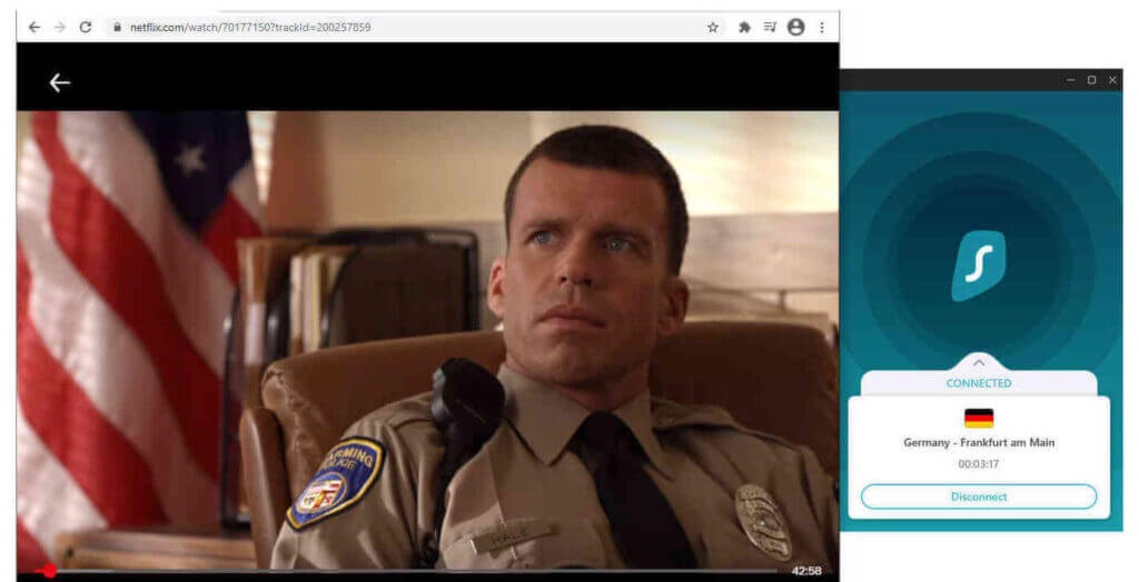 Screenshot of Netflix Germany streaming a show while connected to Surfshark VPN’s server