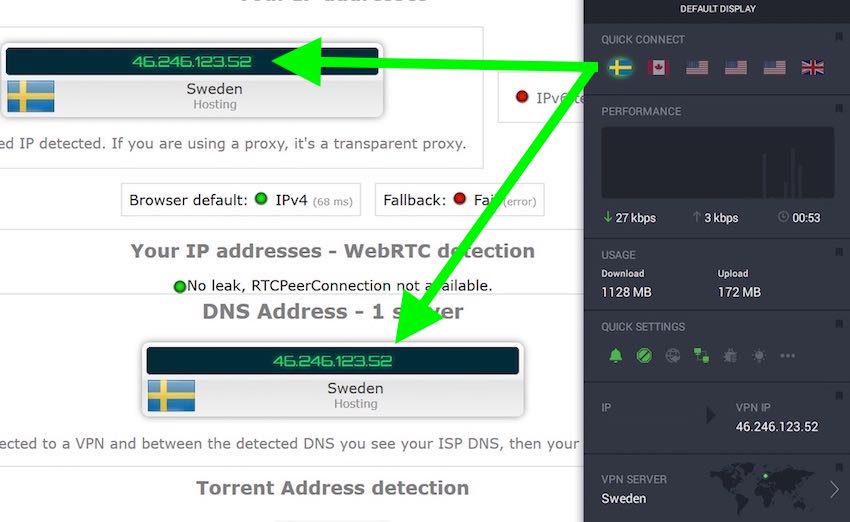 Screenshot of Private Internet Access VPN (PIA) leak test