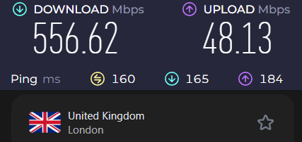 Screenshot of a speed test with Surfshark connected to a London server