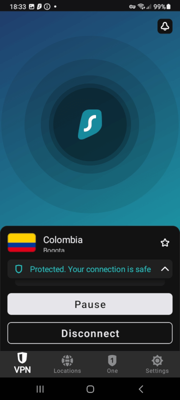 Screenshot of Surfshark Android app interface