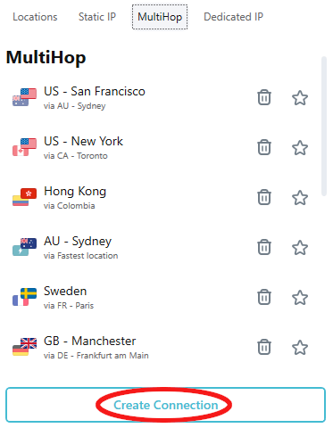 Screenshot of Surfshark's app showing multihop servers pairs