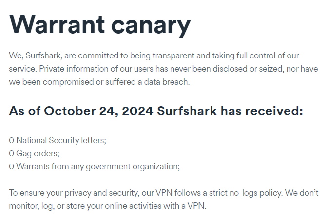 Surfshark warrant canary -October 24, 2024