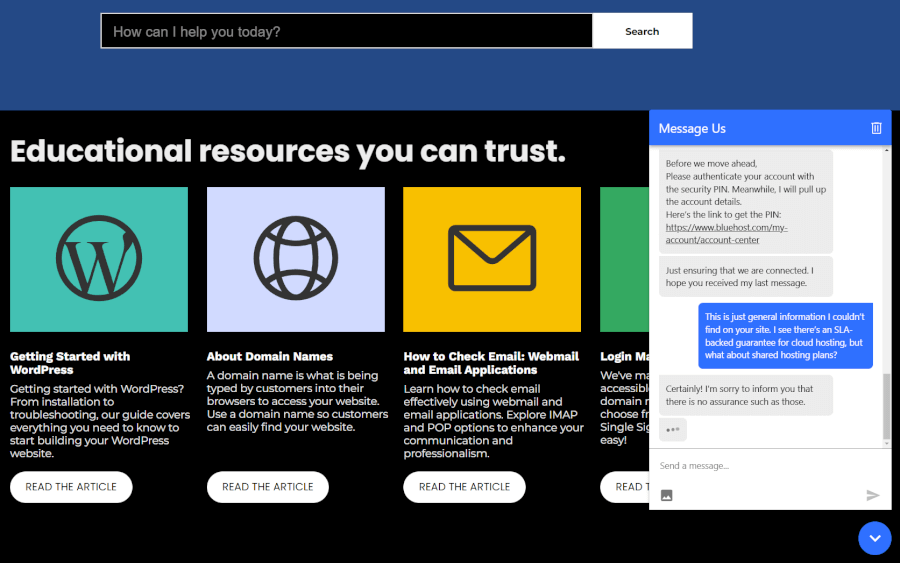 Bluehost customer support with live chat