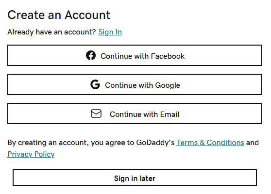 GoDaddy create an account