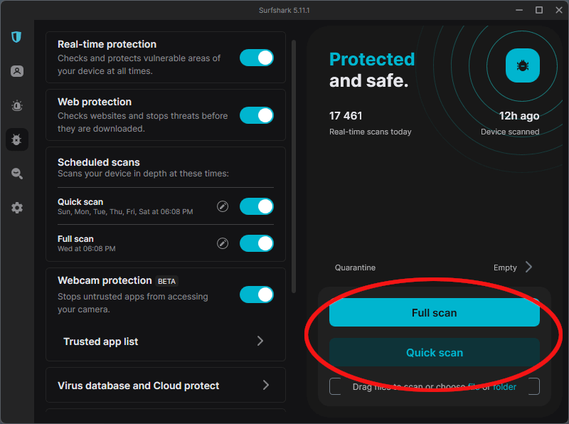 The Surfshark Antivirus scan types