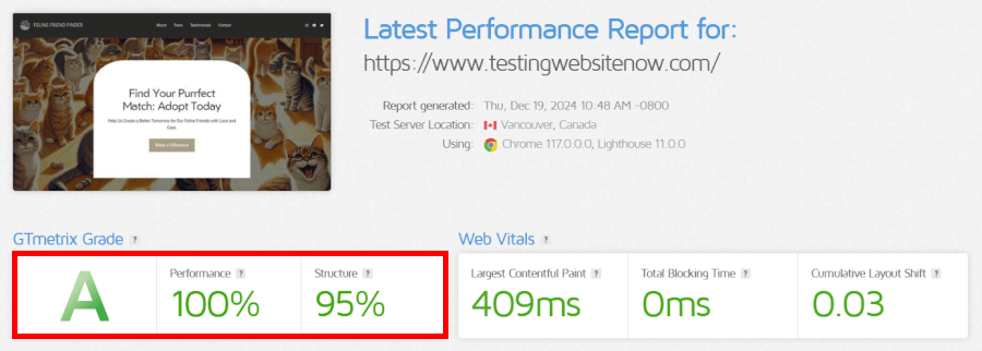 DreamHost GTMetrix speed test