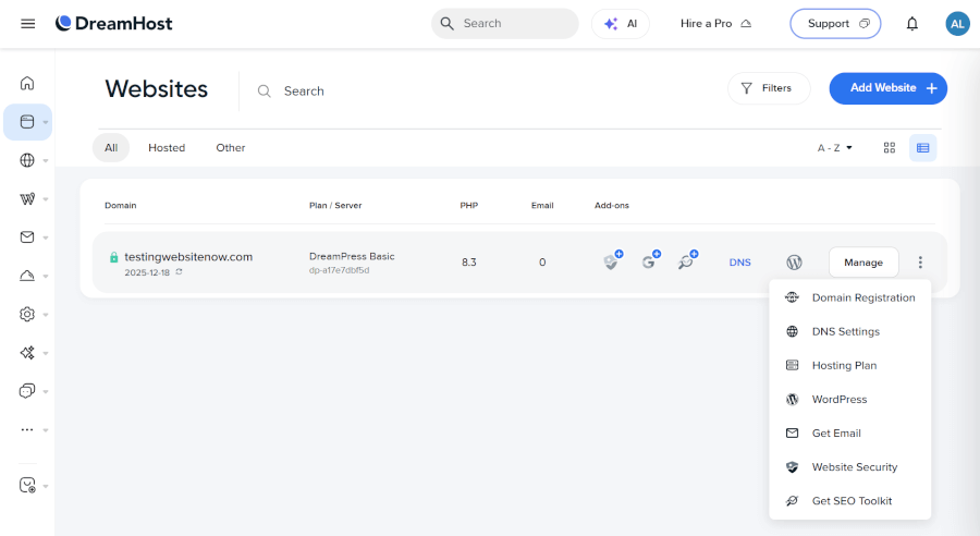 DreamHost control panel