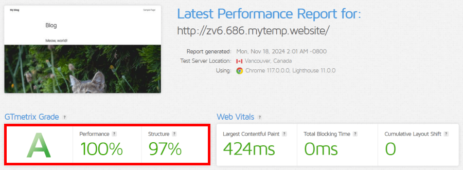 GTmetrix speed test results