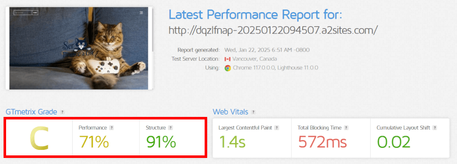 2A Hosting speed test via GTMetrix