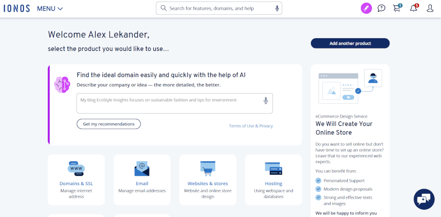 IONOS dashboard