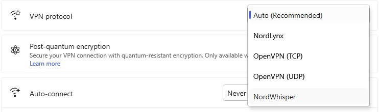 NordVPN protocol choices