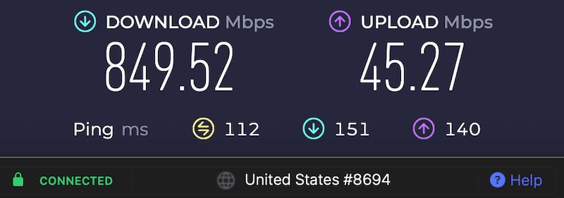 Screenshot of a speed test with NordVPN connected to a New York server