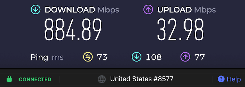 Screenshot of a speed test with NordVPN connected to a Los Angeles server