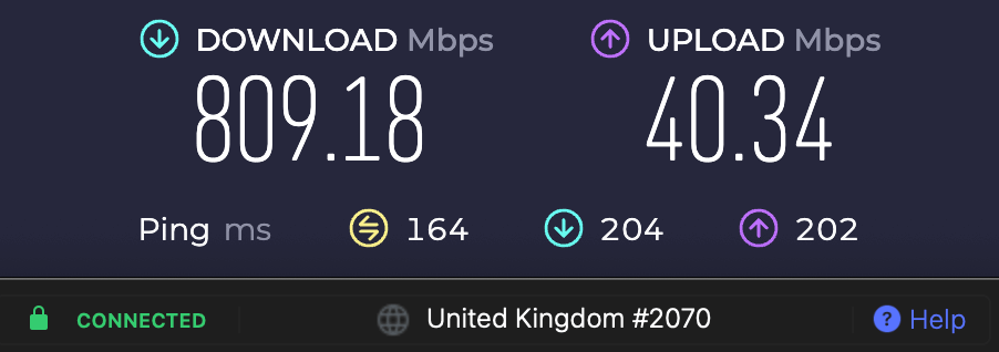 Screenshot of a speed test with NordVPN connected to a London server