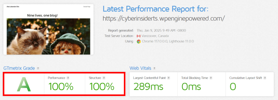 WP Engine GTmetrix speed test