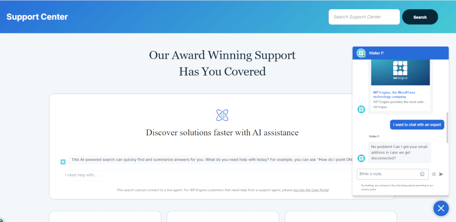 WP Engine support center and chatbot