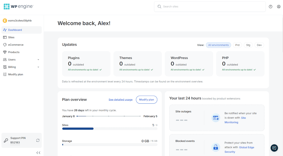 WP Engine user dashboard